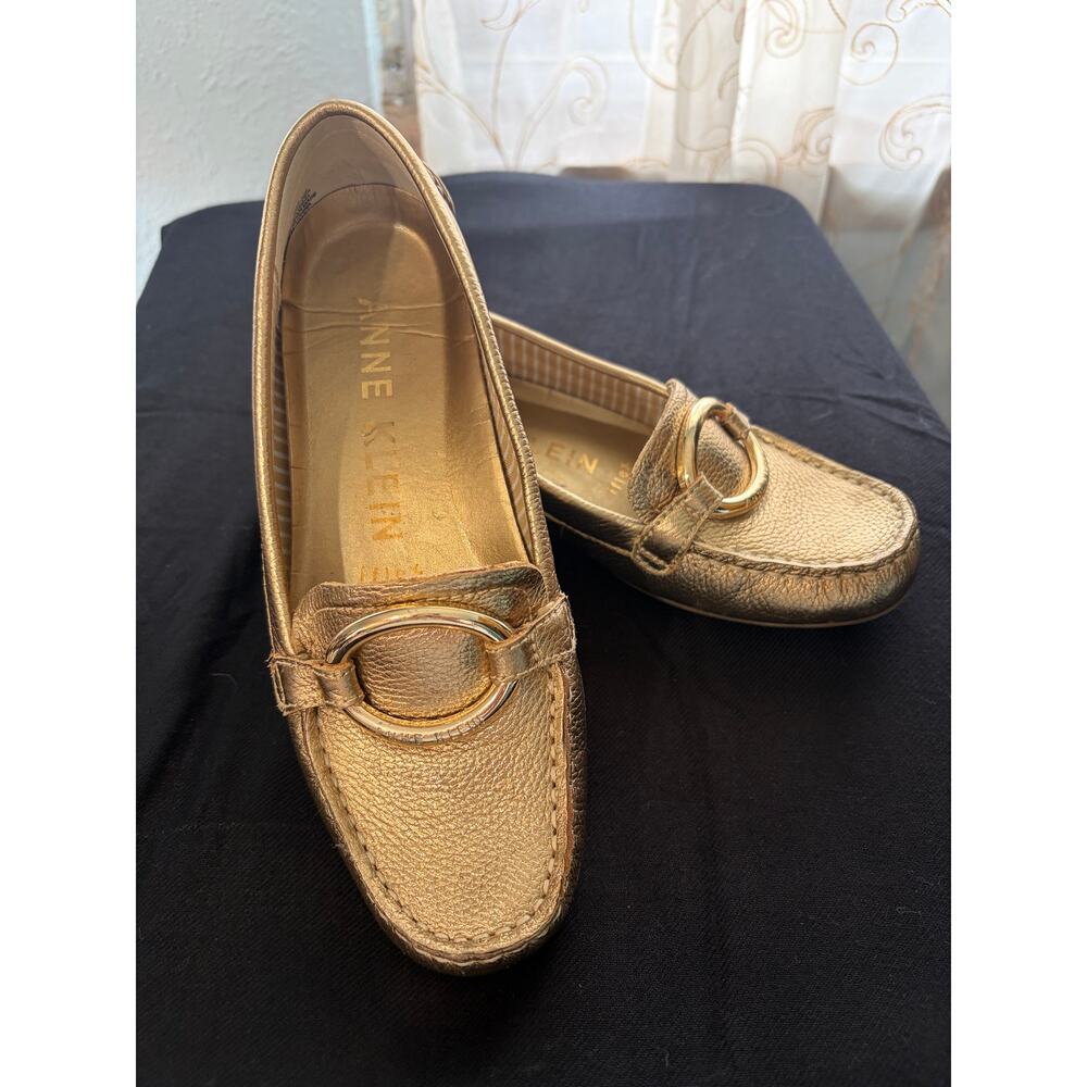 Ann Klein Iflex Gold Leather Loafers Size 6M Metallic Slip on Comfort Flats